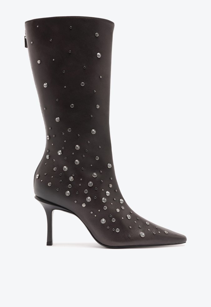 Bota Charlize Glam Cano Longo Couro Cinza