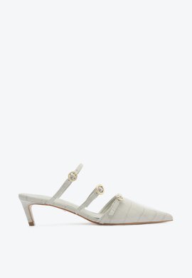 Mule Curve Heels Vinil Croco Cinza
