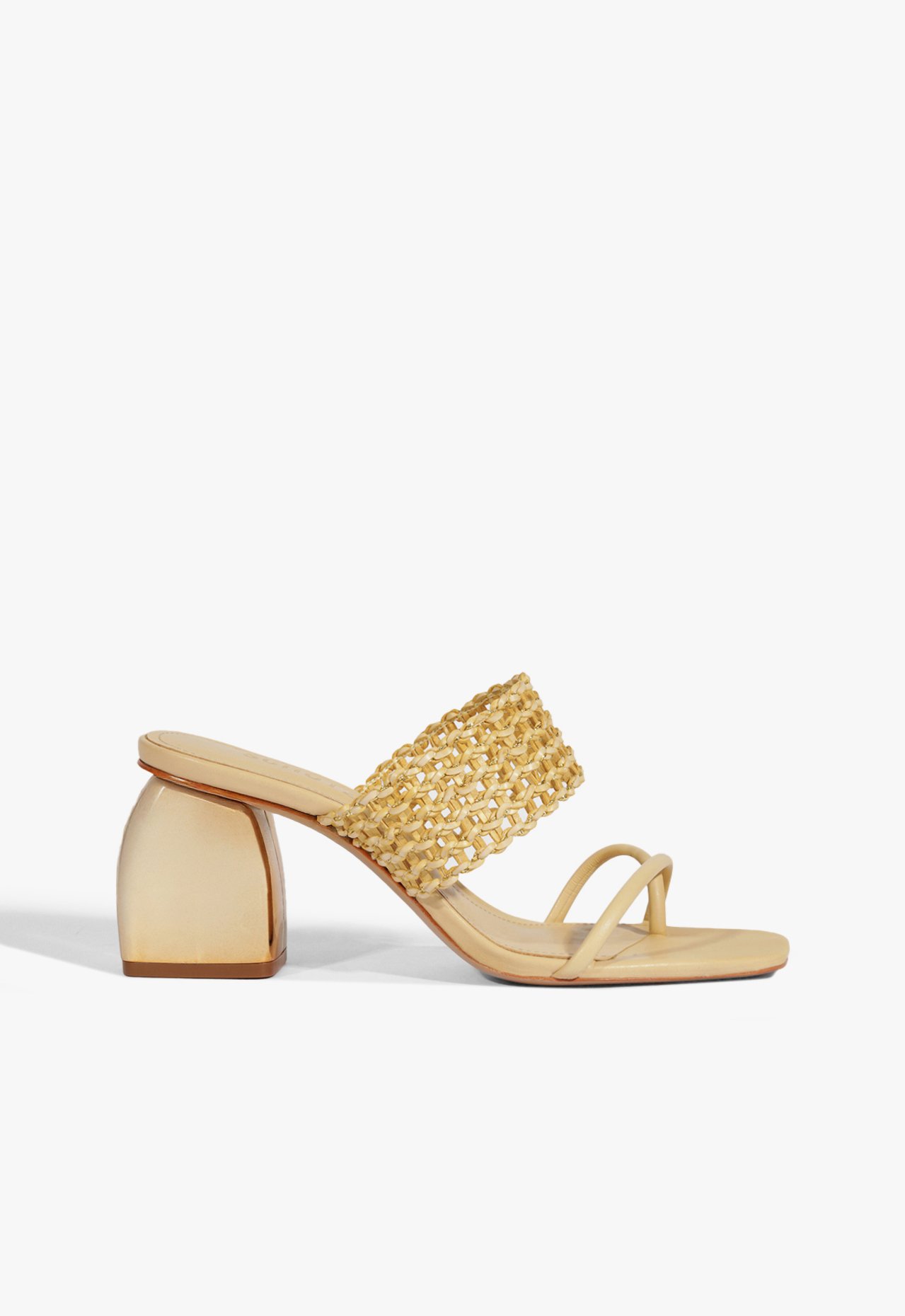 Sandália Mule Salto Bloco Couro Trama Dourada | Schutz