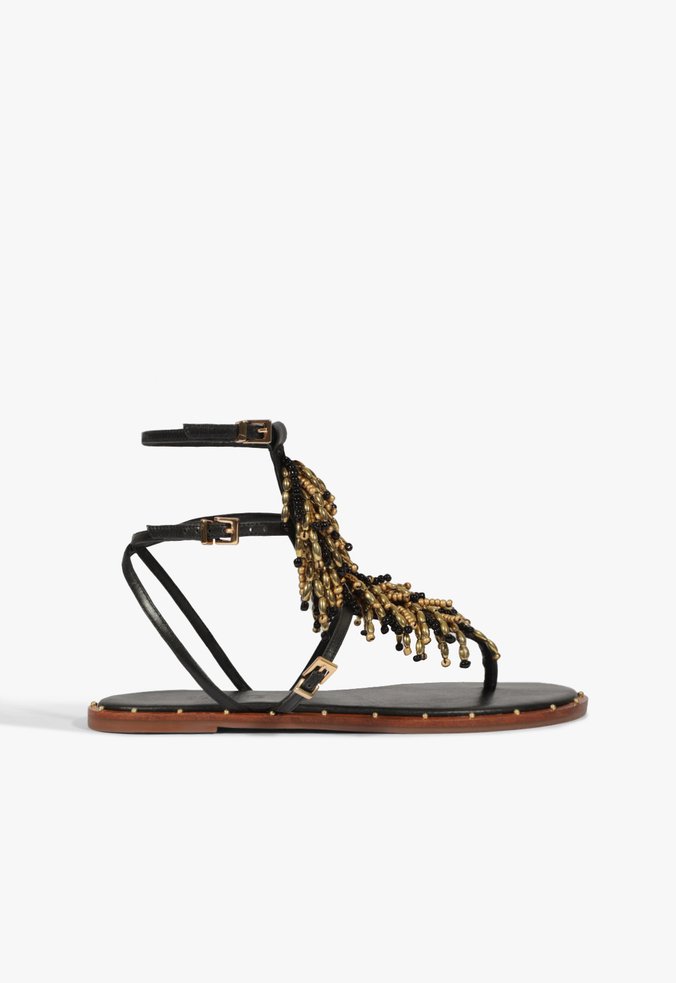 Sandália Rasteira Couro Miçangas Preta