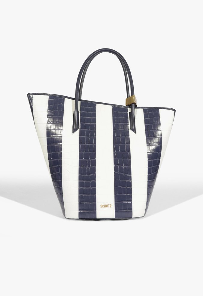 Bolsa Bucket Cayla Stripes Couro Croco Azul e Branca