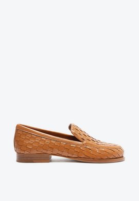 Mocassim Casual Flats Couro Tramado Marrom