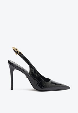 Sapato Scarpin Chain Ornamental Couro Croco Preto