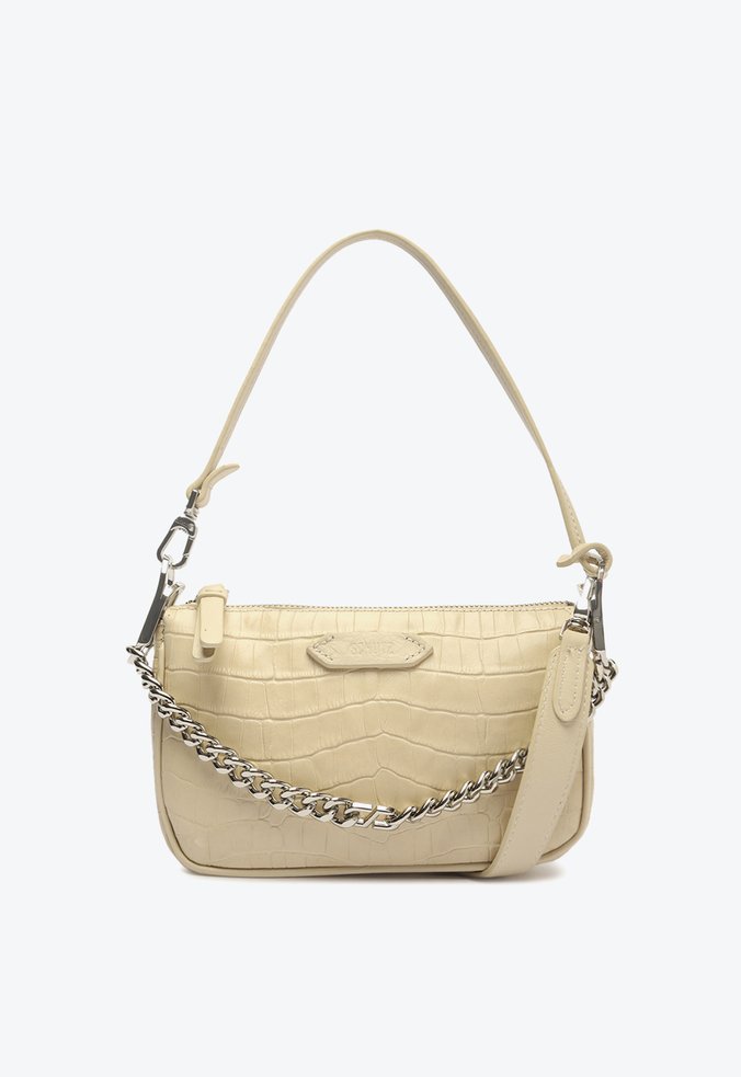 Bolsa Tiracolo Baguete Emmy Couro Croco Bege Claro