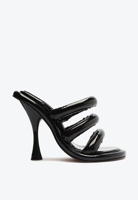 Sandália Mule Myve Fluffy Salto Alto Verniz Preta