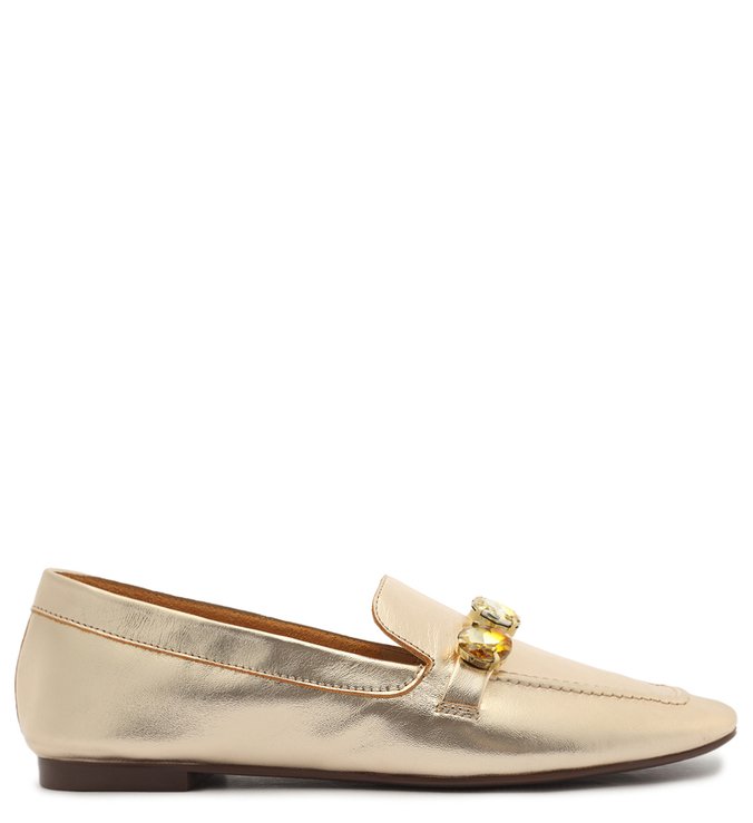 Mocassim Couro Pedras Dourado