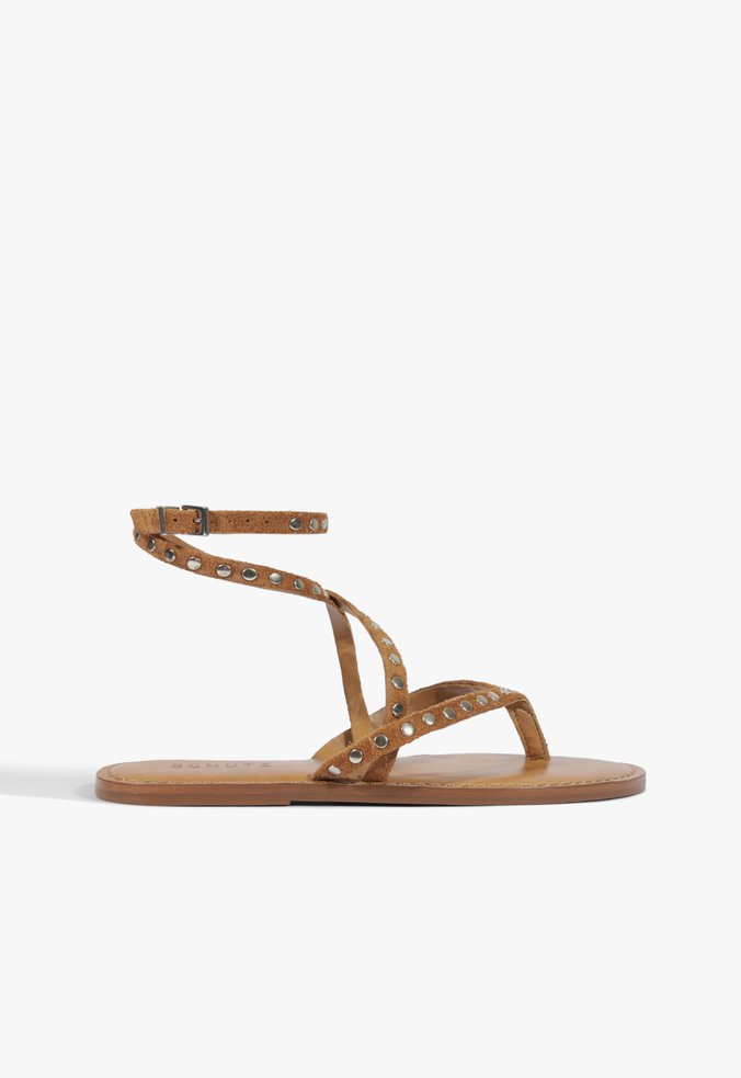 Sandália Studs Rasteira Couro Marrom