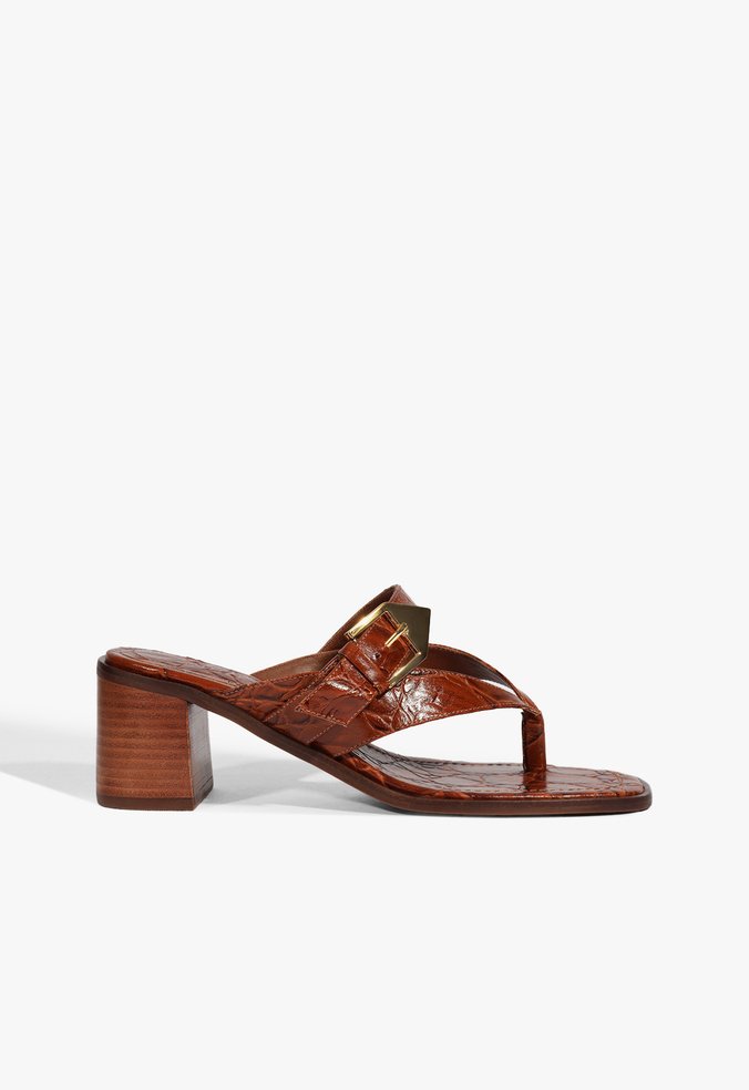 Sandália Mule Salto Bloco Scalea Couro Croco Marrom