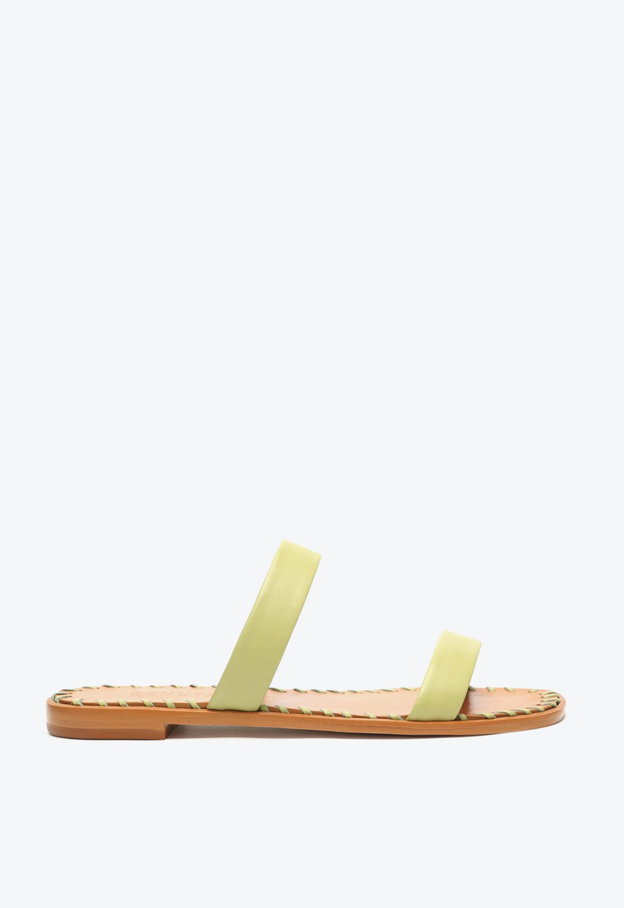 Vista 2 Sandália Rasteira Tiras e Pespontos Couro Claro Schutz Verde Schutz Verde