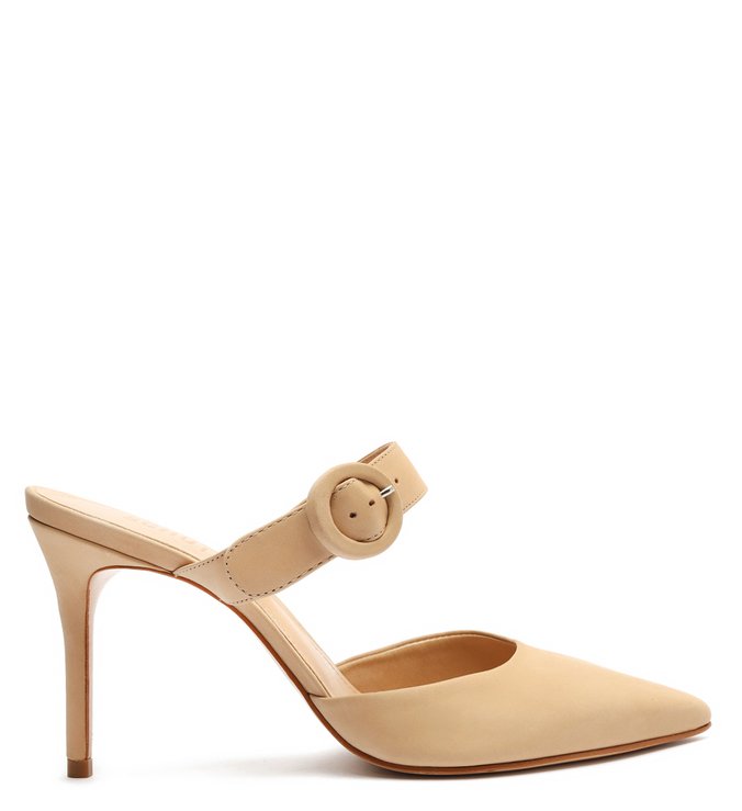 Sapato Mule Salto Fivela Nobuck Bege