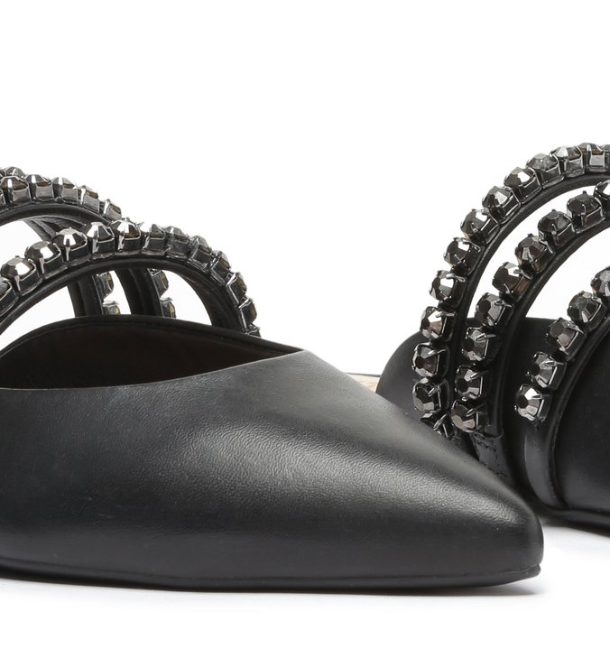 Sapato Mule Rasteira Couro Cristais Preto Sapato Mule Rasteira Couro Cristais Preto