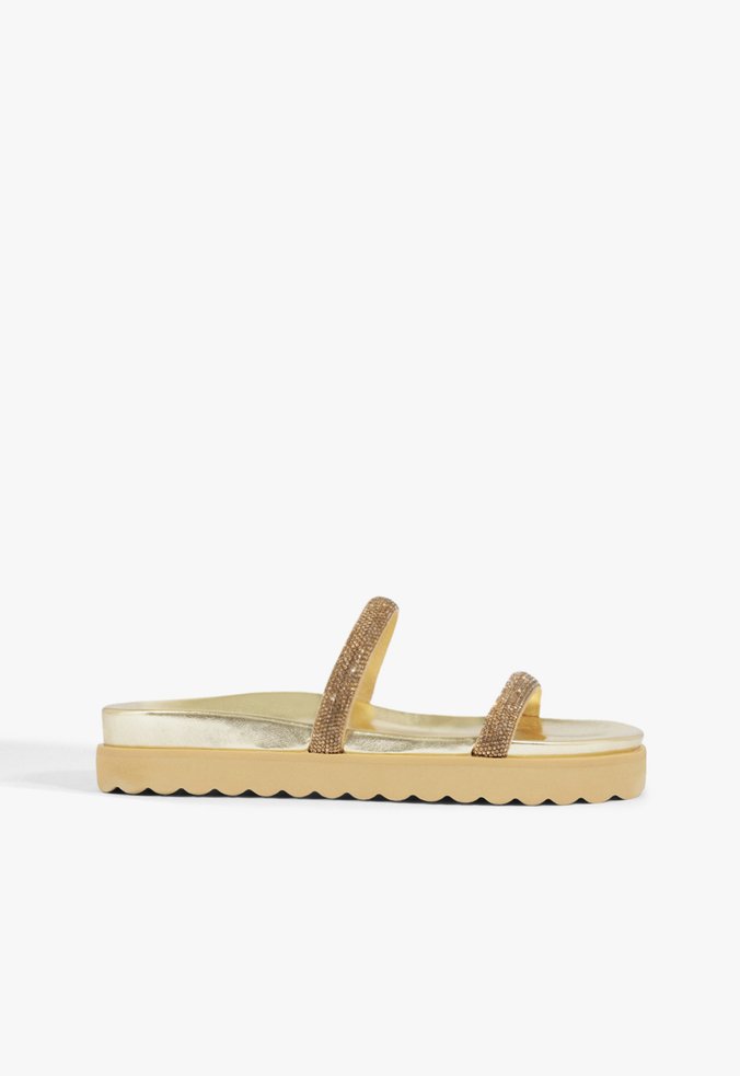 Sandália Papete Sparks Tiras Brilho Dourada