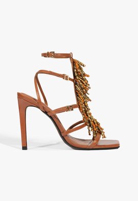 Sandália Salto Alto Couro Miçangas Marrom