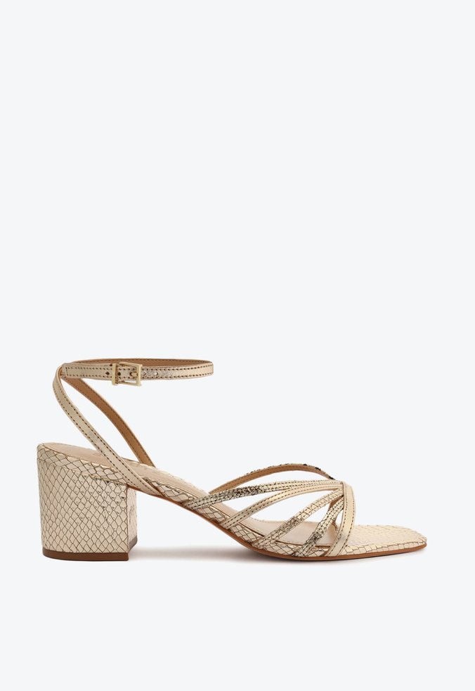 Sandália Salto Bloco Tiras Metalizada Snake Dourada | Schutz