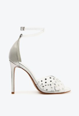 Sandália Salto Alto Vinil Cristais Metalizada Prata