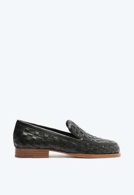 Mocassim Casual Flats Couro Tramado Preto