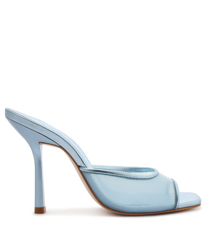 Sandália Mule Salto Alto Vinil Transparente Azul