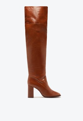 Bota Over the Knee Salto Alto Bloco Couro Marrom