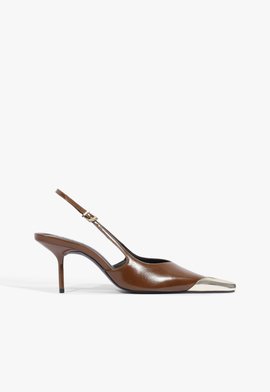 Slingback Biqueira de Metal Couro Marrom