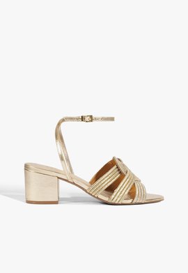 Sandália Entrelaçada Salto Bloco Dourada
