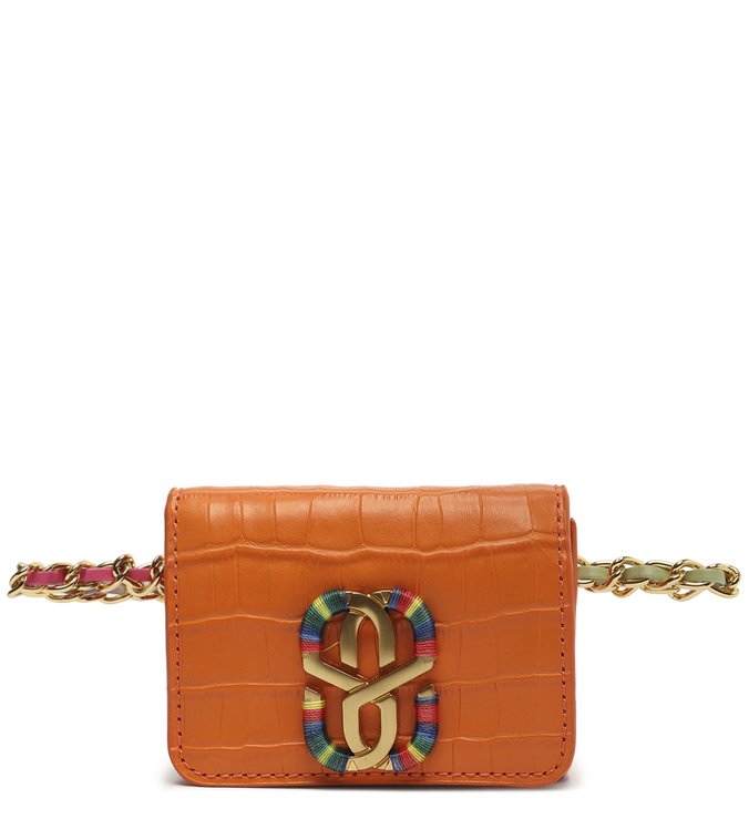 Pochete Rainbow Couro Croco Corrente Laranja