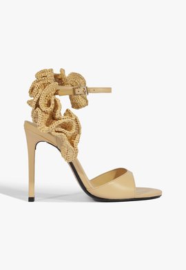 Sandália Salto Alto Couro Ráfia Bege