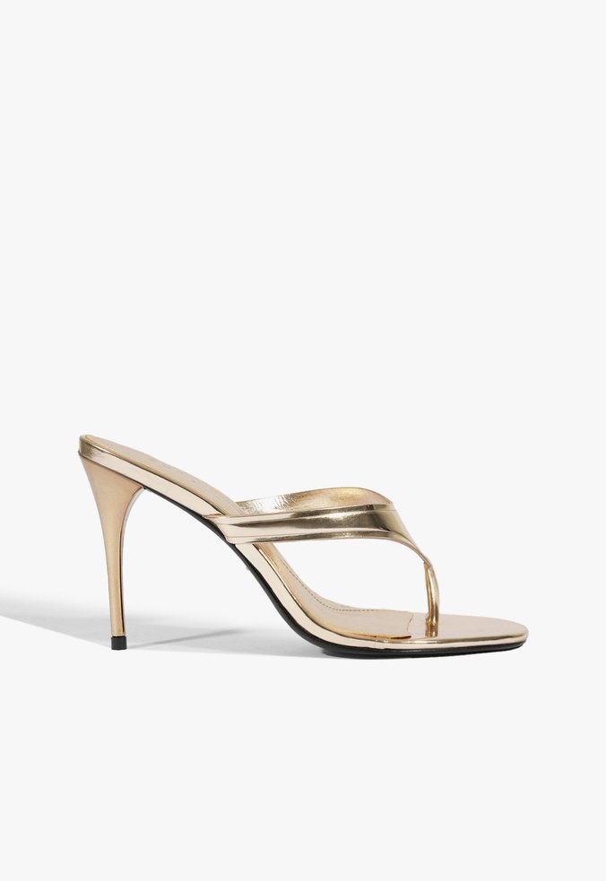 Sandália Mule Salto Alto Fino Dourada