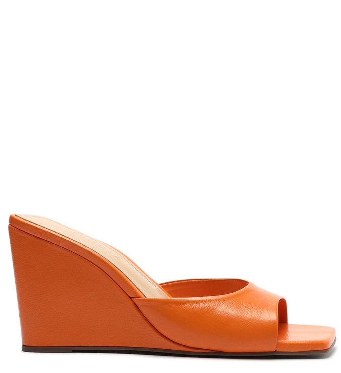 Sandália Mule Salto Anabela Couro Laranja