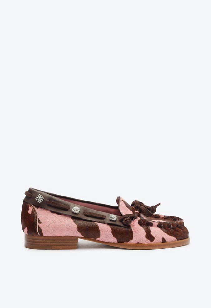 Mocassim Wild Flats Couro e Pelo Rosa e Marrom