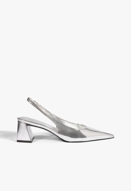 Slingback Couro Metalizado Salto Bloco Médio Prateado