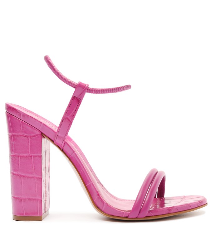 Sandália Salto Bloco Alto Croco Tiras Rosa