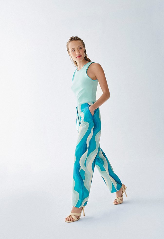 Calça Reta Augusta Estampa Maré Azul