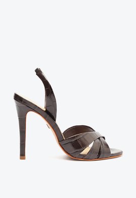 Sandália Salto Alto Keefa Sling Couro Croco Preta