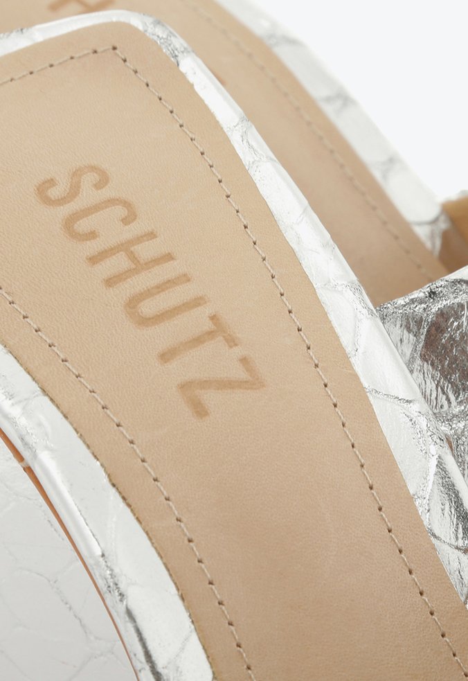 Sandália Mule Salto Bloco Lizah Croco Prata Sandália Mule Salto Bloco Lizah Croco Prata