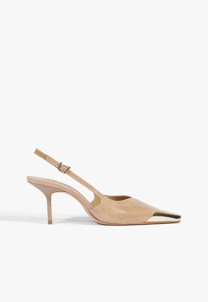 Slingback Biqueira de Metal Couro Marrom