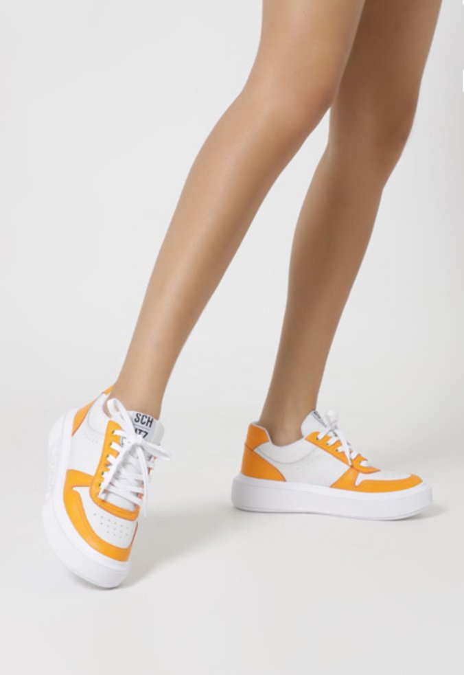 Tênis Cano Baixo Couro Branco Laranja