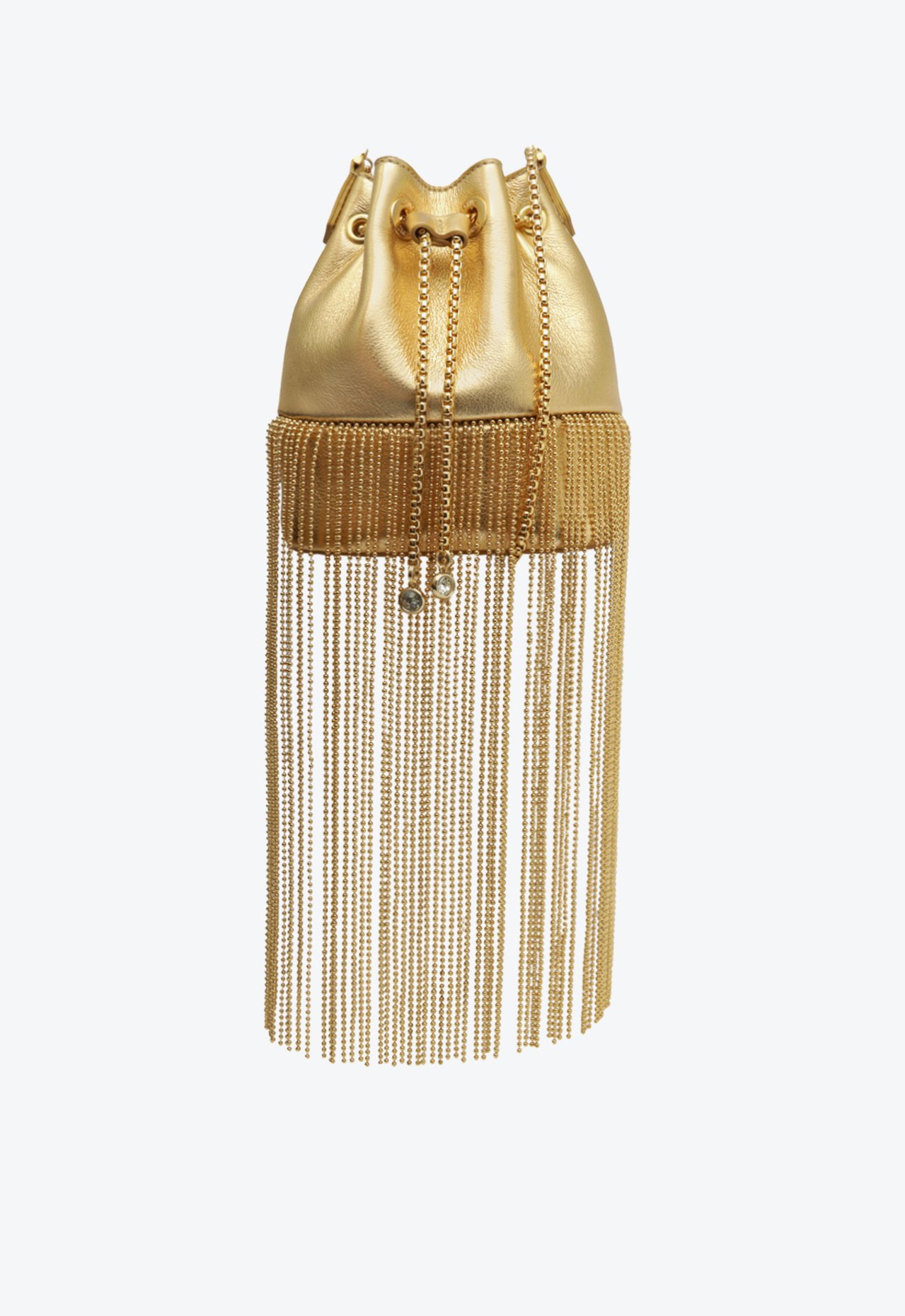 砂金 Bolsa Bucket Fringes Couro Dourada | Schutz