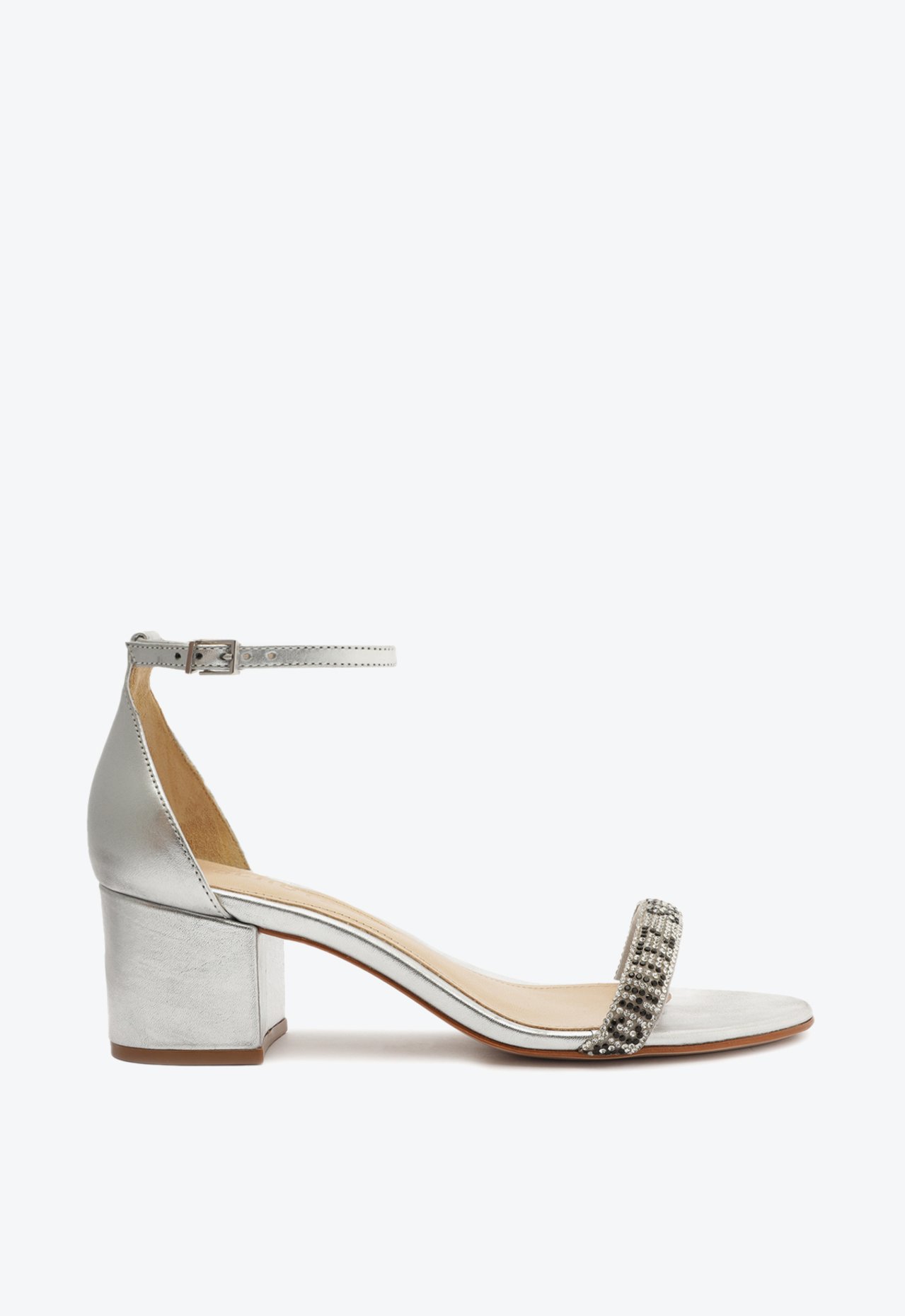 Sandália Logo Pedrarias Salto Bloco Prata | Schutz