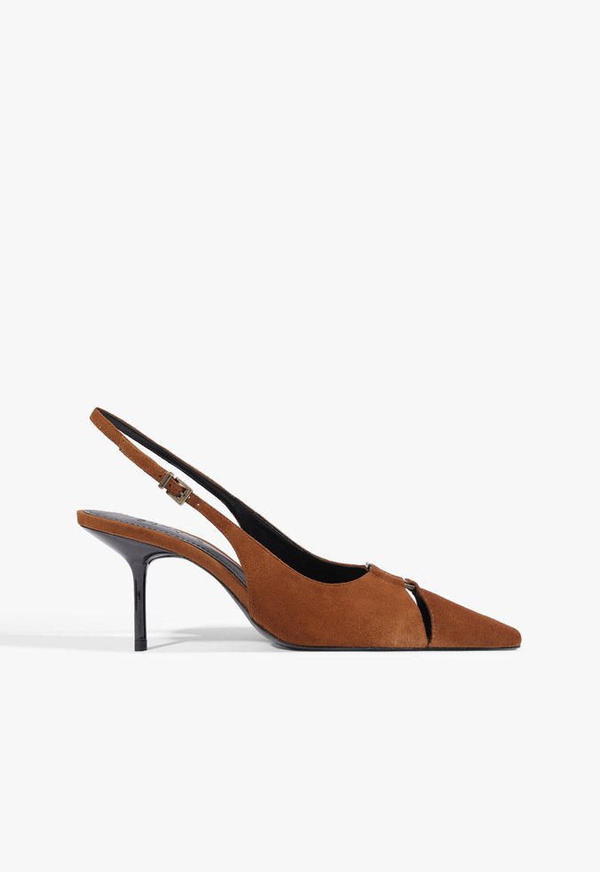 Scarpin Slingback Bico Fino Camurça Marrom Claro