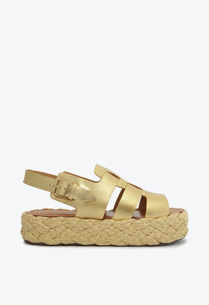 Sandália Flatform Corda Entrelaçada Dourada