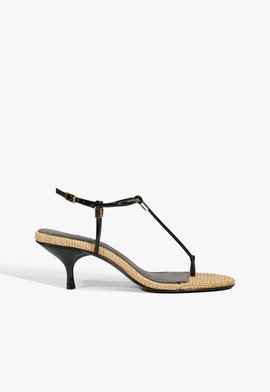 Sandália Salto Kitten Elsha Couro Ráfia Preta