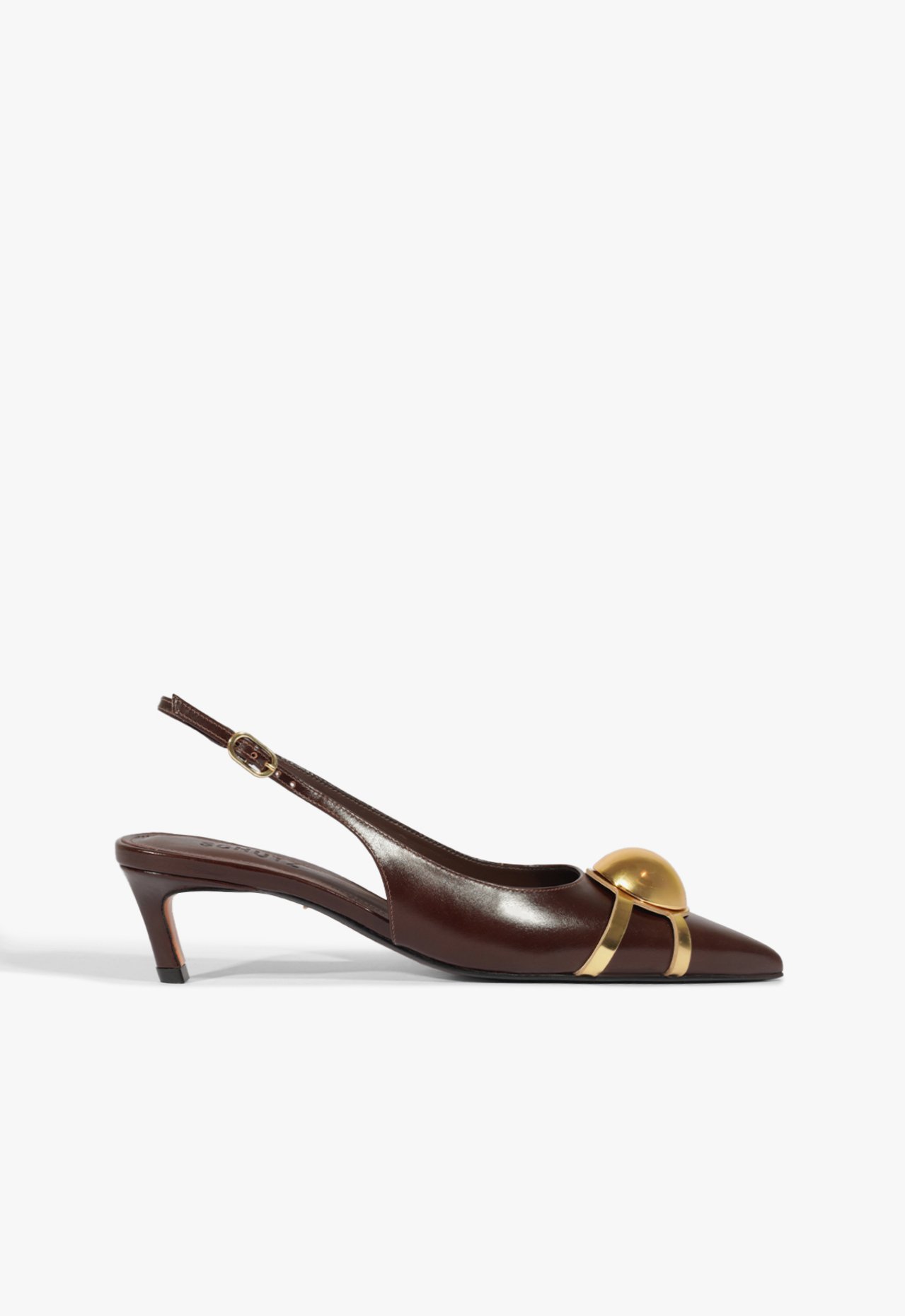 Scarpin Slingback Salto Mini Couro Enfeite Marrom | Schutz