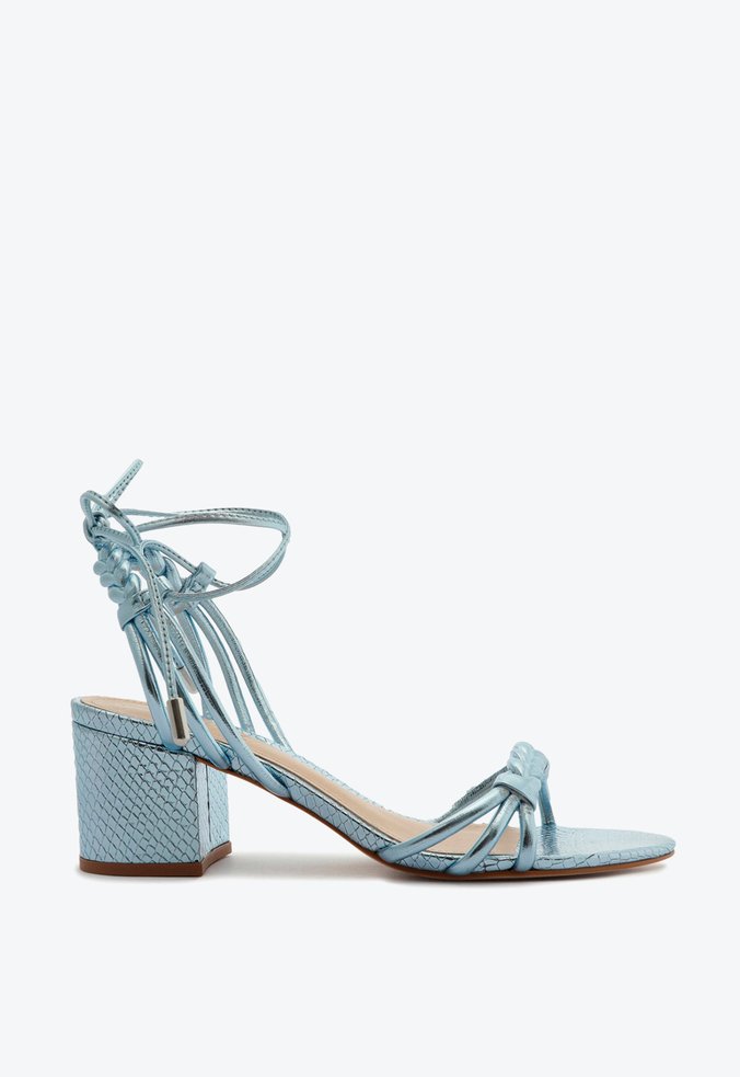 Sandália Salto Bloco Amarração Metalizada Azul Schutz