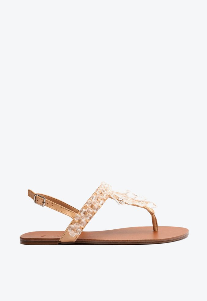 Sandália Rasteira Couro Maxi Pedras Crystal Bege