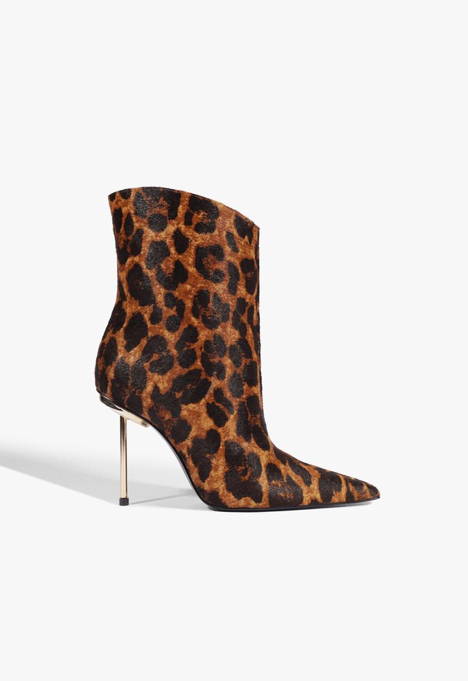 Bota Cano Médio Pin Heel Couro Animal Print