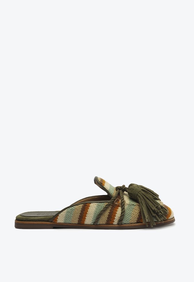 Sapato Mule Rasteiro Tecido Neutro Verde