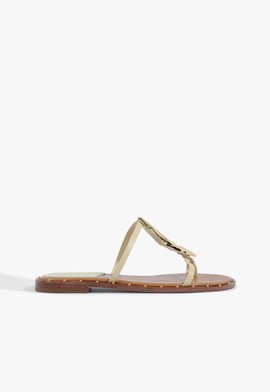 Sandália Rasteira Slide Couro Metal Bege