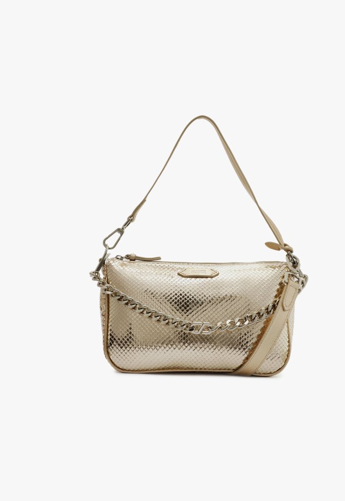 Bolsa Tiracolo Grande Emmy Couro Snake Dourada