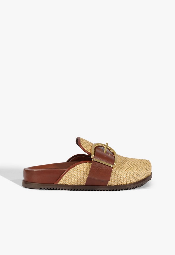 Clog Couro Maxi Fivela Bege e Marrom