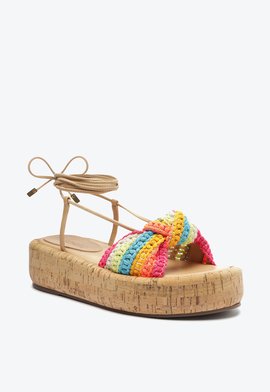 Sandália Papete  Flatform Coli Cortiça Amarração Tecido Colorido